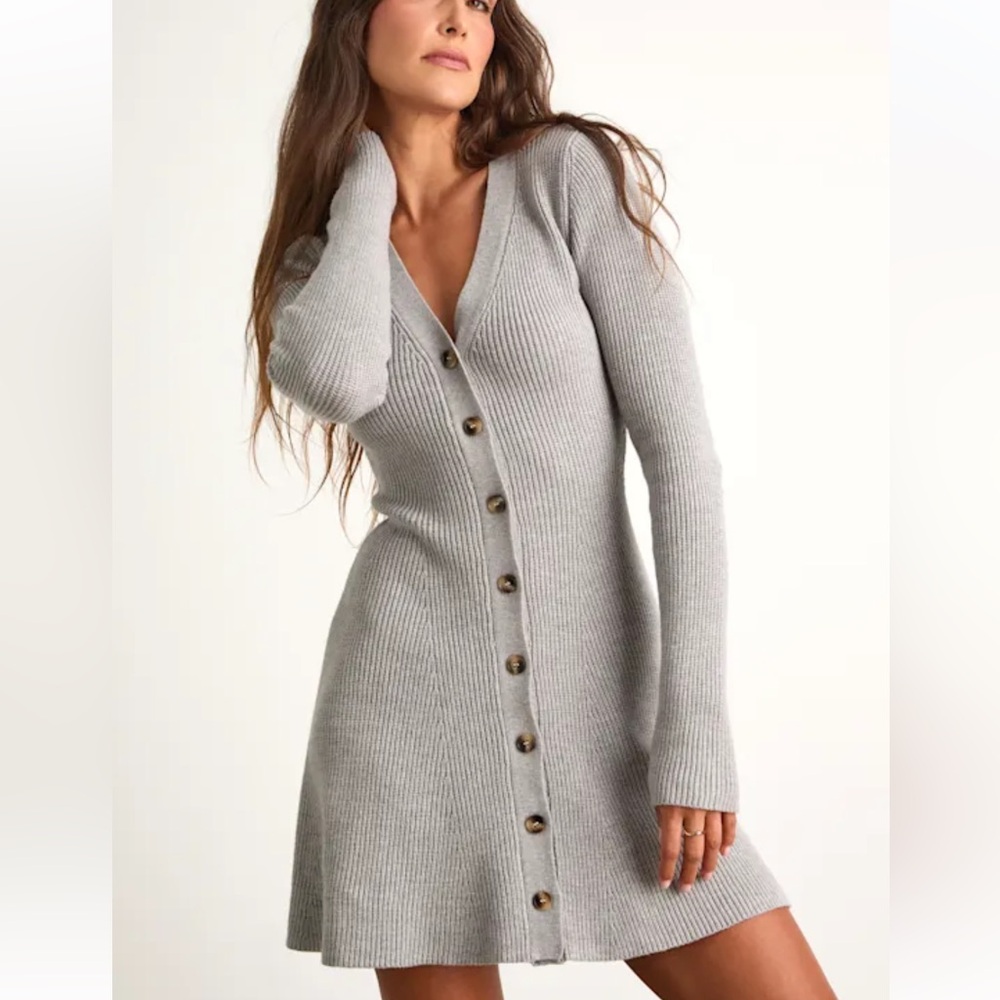 Lulu's Gray Ribbed Button-Front Sweater Dress